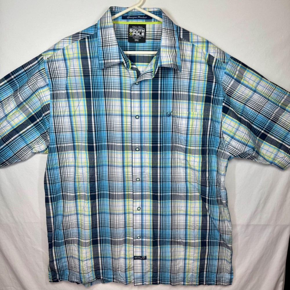 South Pole Plaid Button Up Short Sleeve Casual Shirt‎ Mens Sz XL Y2K